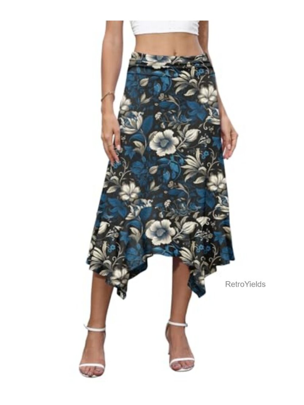 High Waisted Midi Skirt Handkerchief Hem A-Line Flowy Summer Skirt